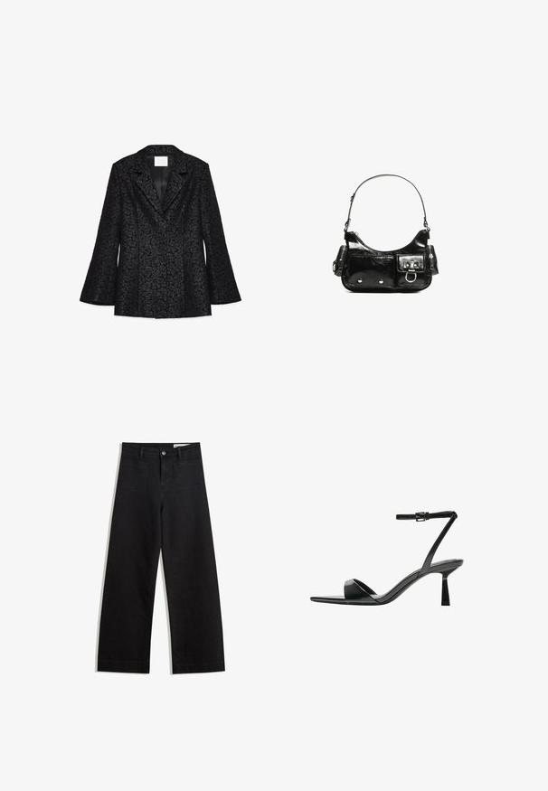 Musta bleiseri, jossa on kukkakuosi, viistot läpät, pitkät liehuvat hihat ja sileä sisävuori. Ominaisuuksiin kuuluu muotoiltu istuvuus ja jämäkkä muoto.; Valkoinen, vetoketjukauluksellinen neulepaita pitkillä hihoilla. Valmistettu pehmeästä neulemateriaaleista, jossa on ribattu hihansuu ja helma. Huomaamaton brändilogo helmassa.; Mustat leveät farkut korkealla vyötäröllä, joissa on etu- ja takataskut, ommellut saumat ja nappisuljenta. Silkinoinen rakenne.; Bershka Korolliset sandaalit - black; Mustekko mustasta kiiltonahasta valmistettu käsilaukku, jossa on kaareva muoto, yksi olkahihna, etutaskut ja hopeanväriset yksityiskohdat.