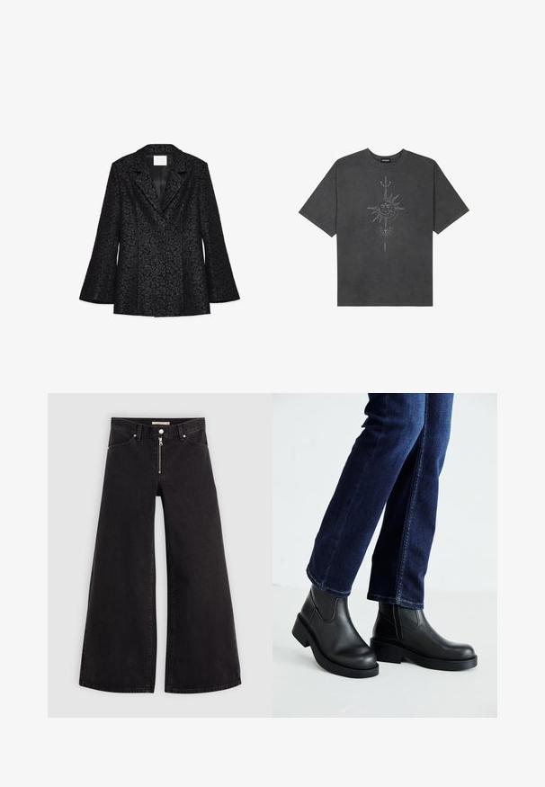 Blazer negro con textura floral, solapas con muesca, mangas largas acampanadas y un forro interior suave. Presenta un ajuste entallado y una forma estructurada.; Camiseta de gran tamaño gris oscuro hecha de algodón, con un gráfico central de un sol con intrincados detalles lineales impresos en la parte frontal.; Jeans de pierna ancha en denim negro con cierre frontal, diseño de cinco bolsillos y detalles de costura sutiles. Textura suave y estilo casual.; Botas de tobillo de cuero negro con suela gruesa y paneles elásticos laterales, combinadas con jeans azul oscuro. El suelo es de color claro.