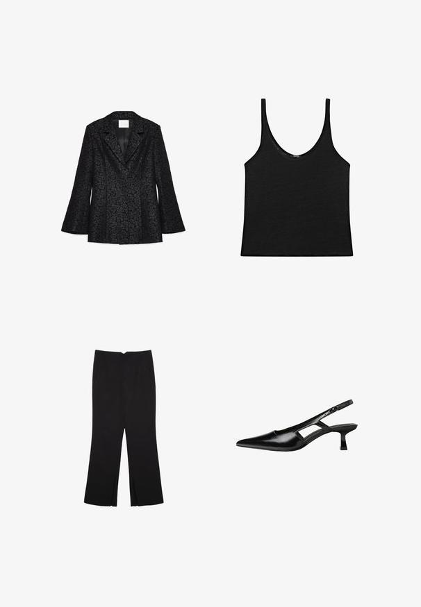 Blazer nero con texture floreale, rever a punta, maniche lunghe a campana e una fodera interna liscia. Caratterizzato da un fit sartoriale e una forma strutturata.; Top nero in un tessuto morbido con scollatura rotonda e spalline sottili. Design semplice, corto, con bordi puliti e senza fantasie.; Pantaloni neri a gamba dritta, con tasche frontali e spacchi laterali all'orlo. Realizzati in tessuto morbido e liscio. Adatti a diverse occasioni.; Tacchi slingback in pelle verniciata nera con punta affusolata, design con tagli laterali e tacco quadrato piccolo. Texture liscia con dettagli minimi.