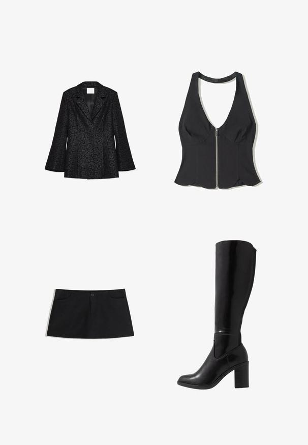 Black blazer with floral texture, notched lapels, long flared sleeves, and a smooth interior lining. Features a tailored fit and structured shape.; Black halter top made of fabric with a deep V-neck, featuring a front zipper and scalloped hem at the bottom. No patterns or accents.; Black, knee-length skirt made of soft fabric. Features two front pockets and a single button closure at the waist.; Knee-high black glossy heeled boots with a rounded toe, smooth texture, side cutout detail, and a chunky stacked heel.