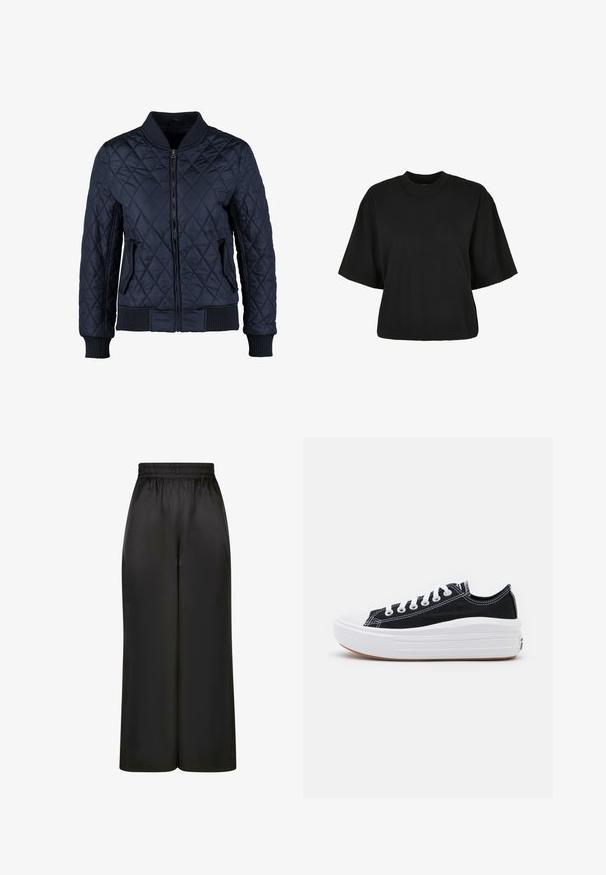 Jachetă de tip bomber matlasată de culoare bleumarin, cu fermoar în față, mansete și tiv ribbate, prevăzută cu două buzunare laterale și un model în diamant pe material.; Tricou scurt, negru, din bumbac. Are mâneci scurte și un decolteu rotund. Textură netedă cu un design simplu, fără modele adiționale.; Pantaloni negri cu picioare largi, fabricați dintr-un material neted și lucios, cu un elastic la talie și fără buzunare vizibile sau detalii metalice.; Adidași negri din pânză cu șireturi albe, vârf alb din cauciuc și o talpă medie groasă albă. Prezintă cusături subtile albe și o talpă din cauciuc.