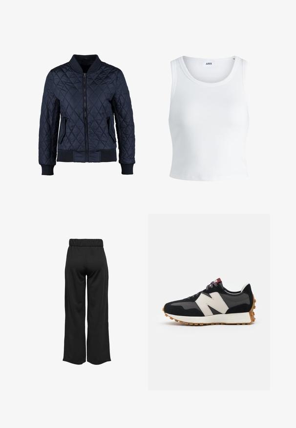 Jūras spēku šuvēts bomber jaka ar rāvējslēdzēju priekšā, ribotām aprocēm un apakšmalu, divām sānu kabatām un dimanta rakstu uz auduma.; Balts ribots topiņš ar apaļu kakla izgriezumu, bez piedurknēm un īsā garumā. Uz birkas ir rakstīts "JJXX." Gluda auduma tekstūra.; Melnas, platas bikses ar elastīgu jostu, izgatavotas no gludas auduma. Iespējamā tīra dizaina ar bez kabatām un redzamām šuvēm.; Melnas un pelēkas zamšādas sporta kurpes ar lielu krēmkrāsas "N" logotipu, purpura šņorēm un strukturētu gumijas zoli.