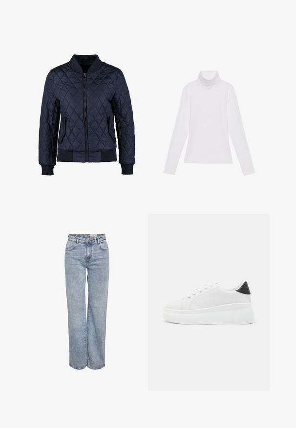 Navy quilted bomber jacket featuring a zip front, ribbed cuffs, and hem, with two side pockets and a diamond pattern on the fabric.; White long-sleeve turtleneck top made of smooth, stretchy fabric. Features a high collar and fitted design, with no visible patterns or embellishments.; Light blue wide-leg jeans made from denim, featuring a high waist, five-pocket design, and subtle fading for a worn-in look.; White platform sneakers made of smooth synthetic material, featuring a rounded toe, lace-up design, and a textured rubber sole. Black heel accent.