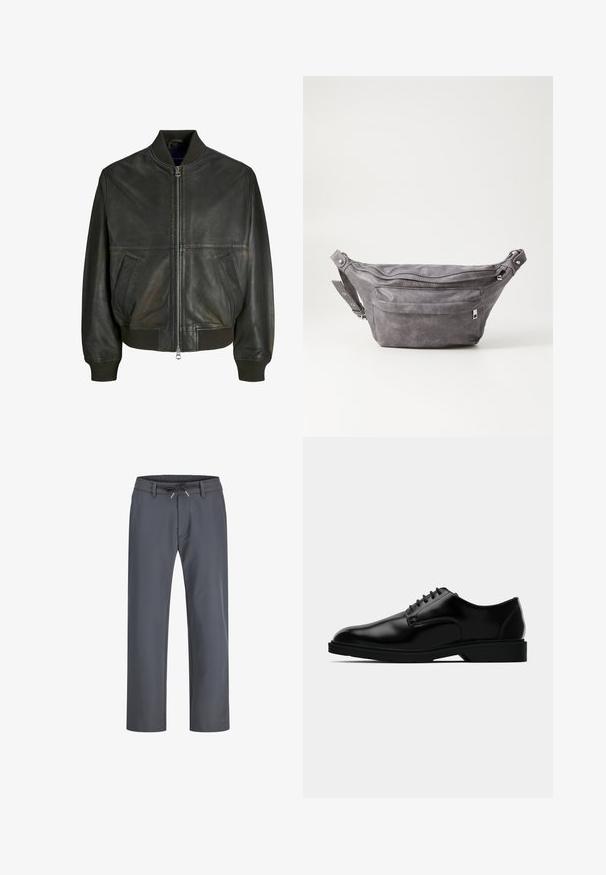 Crna kožna bomber jakna s rebrastim ovratnikom, zatvaranjem na zatvarač i dva bočna džepa. Ima glatku teksturu i prilagođen dizajn.; Kremasta pletena džemper s rebrastim manžetama i rubom, s izvezenim crnim logotipom na prednjoj lijevoj strani. Okrugli izrez, opušteni kroj.; Sive, hlače s elastičnim pojasom i vezicom. Imaju ravne nogavice, izrađene su od glatkog materijala, s minimalnim šavovima i bez vidljivih metalnih dijelova.; Crne kožne cipele s glatkom površinom, zaobljenim vrhom, vezanjem i suptilnom gumom potplatom za prianjanje.; Siva zamšasta torbica preko struka sa zaobljenim oblikom, dva zip zatvorena odjeljka i podesivim remenom. Sadrži metalne naglaske.