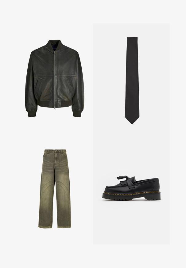 Giubbotto bomber in pelle nera con colletto a coste, chiusura con zip e due tasche laterali. Presenta una texture liscia e un design aderente.; Felpa a maniche lunghe verde scuro con zip e colletto alto. Realizzata in materiale morbido, con spalle scese e polsini e orlo a coste.; Jeans a gamba larga in denim verde oliva, con dettagli di cuciture curve, chiusura con bottone classico e finitura scolorita.; Mocassino in pelle nera con un'accento a frange, dotato di una suola nera spessa e cuciture gialle lungo il bordo. Finitura testurizzata.; Cravatta nera realizzata in tessuto liscio, caratterizzata da una forma slanciata e allungata con punta appuntita e senza motivi o accenti visibili.