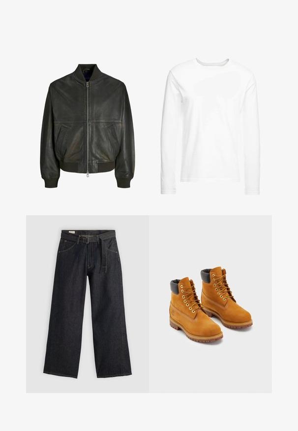 Zwarte leren bomberjack met een geribde kraag, rits sluiting en twee zijzakken. Heeft een gladde textuur en een slim fit ontwerp.; Langsleeve witte t-shirt gemaakt van zachte katoen. Ronde halslijn met rechte zoom en geen zichtbare patronen of graphics.; Donker denim wijde broek met een gestrikt taille, voorzien van zijzakken en contrasterende stiksels. Gladde textuur met een strak ontwerp.; Leren werklaarzen in bruin met een zwarte gewatteerde kraag, gouden veterogen en bruine rubberen zolen. Voorzien van contrasterende stiksels en een logo op de zijkant.