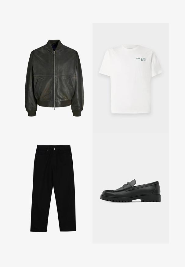 Schwarze Leder-Bomberjacke mit einem gerippten Kragen, Reißverschluss und zwei Seitentaschen. Hat eine glatte Textur und ein tailliertes Design.; Weißes Baumwoll-T-Shirt mit Rundhalsausschnitt. Auf der Vorderseite steht in grüner Schrift: "PARK MOTEL Resort." Es hat kurze Ärmel und eine lockere Passform. Glatte Textur.; Schwarze Jeans mit geradem Schnitt, Fünf-Taschen-Design und einem vorderen Knopfverschluss. Glatte Textur mit minimalen Nähten.; Schwarze Lederloafer mit runder Zehenform, ausgestattet mit einem gesteppten Design, niedrigem Plattformsohle und einer strukturierten, genoppten Gummisohle.