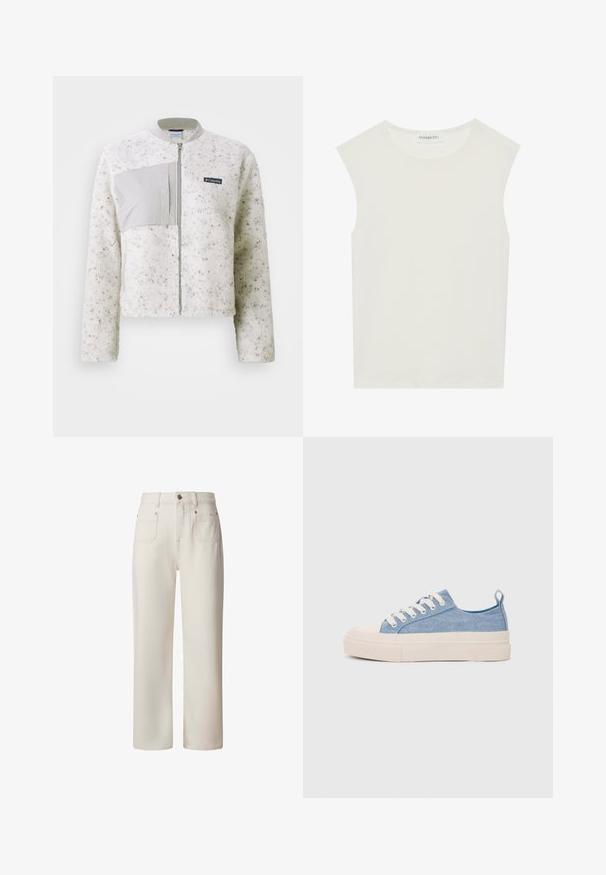 Witte fleece jacket met een gladde grijze paneel aan de linkerzijde, ritsluiting en geribbelde kraag. Gestructureerd oppervlak met subtiele spikkels.; Witte mouwloze top met een ronde halslijn. Gemaakt van gladde stof, het heeft een losse pasvorm en een minimalistisch ontwerp. Geen patronen of accenten.; Pepe Jeans STRAIGHT UHW LEXA - Straight leg jeans - white; Lichtblauwe canvas sneakers met een crème rubberen neuskap en zool, voorzien van witte veters en een trekstrip op de hiel.