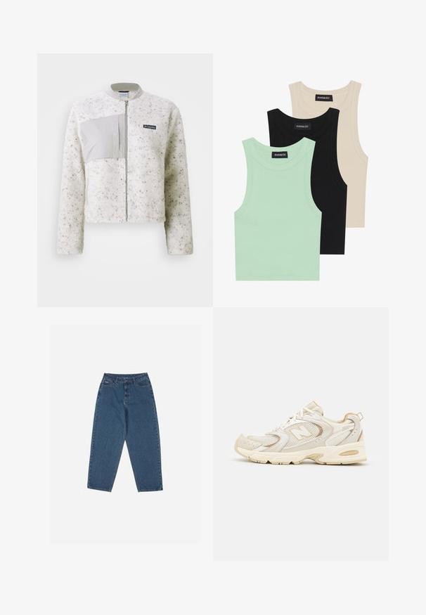 Biała polarowa kurtka z gładkim szarym panelem po lewej stronie, zamek błyskawiczny i ściągacz w kołnierzu. Teksturowana powierzchnia z delikatnymi plamkami.; Trzy topy na ramiączkach w kolorze miętowym, czarnym i beżowym; wykonane z prążkowanej tkaniny, z okrągłym dekoltem i bez rękawów. Widać metkę marki.; Niebieskie dżinsy o luźnym kroju, wysoki stan, pięć kieszeni i akcenty przeszycia. Posiadają zapięcie na guzik i zamek błyskawiczny.; Beżowe buty sportowe z siateczkowymi i syntetycznymi nakładkami, z teksturowaną powierzchnią, wyściełanym kołnierzem oraz amortyzacją "ABZORB" w pięcie.
