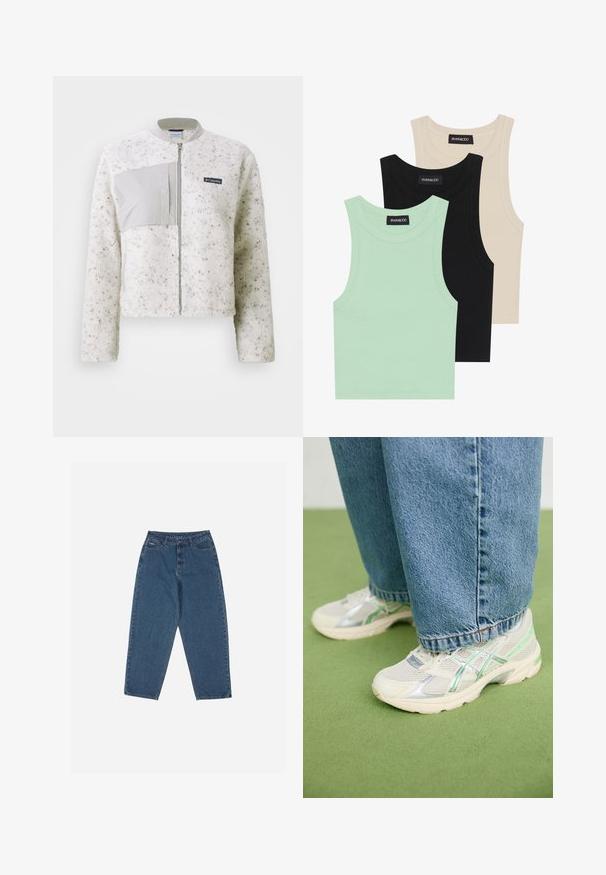 White fleece jacket with a smooth grey panel on the left, zip closure, and ribbed collar. Textured surface with subtle speckles.; Three tank tops in mint green, black, and beige; made of ribbed fabric with a round neckline and no sleeves. Brand label visible.; Blue denim jeans with a relaxed fit, high waist, five-pocket design, and stitching accents. Features a button and zipper closure.; White and silver mesh sneakers with green accents worn with loose blue jeans standing on a green carpeted floor.