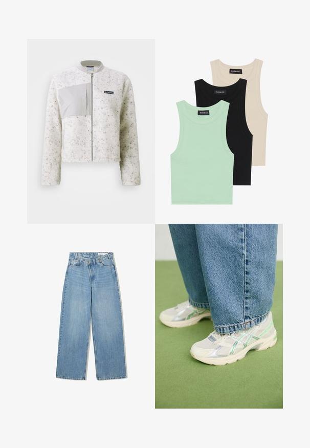 White fleece jacket with a smooth grey panel on the left, zip closure, and ribbed collar. Textured surface with subtle speckles.; Three tank tops in mint green, black, and beige; made of ribbed fabric with a round neckline and no sleeves. Brand label visible.; Light blue wide-leg jeans made of denim, featuring a high waist, five pockets, button closure, and subtle fading for texture.; White and silver mesh sneakers with green accents worn with loose blue jeans standing on a green carpeted floor.