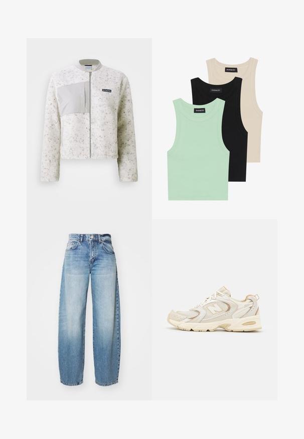Biała polarowa kurtka z gładkim szarym panelem po lewej stronie, zamek błyskawiczny i ściągacz w kołnierzu. Teksturowana powierzchnia z delikatnymi plamkami.; Trzy topy na ramiączkach w kolorze miętowym, czarnym i beżowym; wykonane z prążkowanej tkaniny, z okrągłym dekoltem i bez rękawów. Widać metkę marki.; Jasnoniebieskie spodnie dżinsowe o szerokich nogawkach z wyblakłym wykończeniem, pięcioma kieszeniami i zapięciem na guziki. Materiał to dżins z klasycznym przeszyciem i luźnym krojem.; Beżowe buty sportowe z siateczkowymi i syntetycznymi nakładkami, z teksturowaną powierzchnią, wyściełanym kołnierzem oraz amortyzacją "ABZORB" w pięcie.