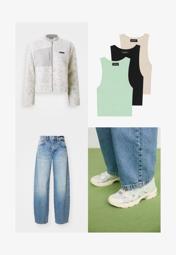 Balta pūkinė striukė su lygiąja pilka plokšte kairėje, užtrauktuku užsegama ir su raukšlėtu apykakle. Tekstūruotas paviršius su smulkiais taškeliais.; Trys tankų marškinėliai mėtų žalsvos, juodos ir smėlio spalvos; pagaminti iš raiboto audinio, su apvaliu iškirpimu ir be rankovių. Matoma prekės ženklo etiketė.; Šviesiai mėlynos plačios kelnės iš džinsinio audinio su apmažintu paviršiumi, penkiomis kišenėmis ir mygtukų užsegimu. Audinys yra džinsas, turintis klasikinius siuvinėjimus ir laisvą siluetą.; Balti ir sidabriniai tinkliniai sportbačiai su žaliais akcentais, dėvimi su laisvomis mėlynomis džinsomis, stovint ant žaliai kiliminei dengtame grindyse.