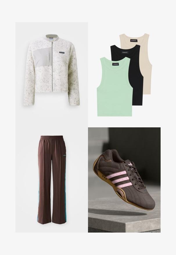 Bijela čupava jakna s glatkim sivim panelom s lijeve strane, zatvaranje na patentni zatvarač i rebrasti ovratnik. Teksturirana površina s suptilnim točkicama.; Tri majice bez rukava u boji mente, crnoj i bež boji; izrađene od rebraste tkanine s okruglim izrezom. Vidljiva oznaka branda.; Smeđe atletske hlače s rebrastom teksturom, elastičnim pojasom i tirkiznim bočnim trakama. Na prednjem dijelu nalazi se adidas logo.; Smeđi suedeski atletski tenisice s ružičastim prugama i logotipom, s teksturiranim gornjim dijelom, vezanjem na vezice i gumiranim potplatom.