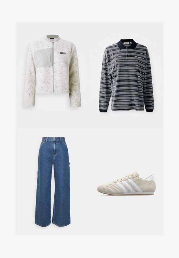 White fleece jacket with a smooth grey panel on the left, zip closure, and ribbed collar. Textured surface with subtle speckles.; Long-sleeve polo shirt in navy and white stripes, cotton fabric, with a collar, three-button placket, and a small embroidered logo on the chest.; Wide-leg blue denim trousers with a high waist, contrasting stitching, and side pockets, featuring a classic five-pocket design and raw hems.; Light beige suede shoe with a rounded toe, white three-stripe design, and a gum rubber sole. Features stitching and a low profile.