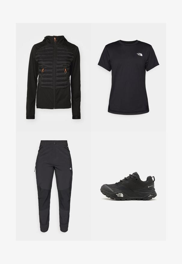 Schwarze Jacke mit einem gepolsterten Vorderteil, ausgestattet mit einem Reißverschluss vorne, zwei Taschen und orangen Kordeln. Glattes Material mit tailliertem Design.; The North Face FLEX SHORT SLEEVES TEE - Sport T-Shirt - black; Schwarze Outdoor-Hosen aus strapazierfähigem Material. Verfügen über Reißverschlusstaschen, verstärkte Knieeinsätze und ein gerades Design für Beweglichkeit.; Schwarzer Wanderschuh mit einer strukturierten Oberfläche, Schnürverschluss und einer massiven Gummisohle, die auf der Seite ein ausgeprägtes Logo sowie Profilmuster zeigt.
