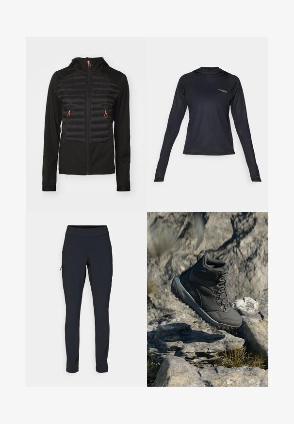 Czarna kurtka z puszystym przodem, z zapięciem na zamek błyskawiczny z przodu, dwiema kieszeniami i pomarańczowymi sznurkami. Gładki materiał o dopasowanym kroju.; Czarna długosleeve koszulka sportowa z lekkiego, oddychającego materiału. Posiada okrągły dekolt oraz logo Columbii z przodu.; Czarne spodnie sportowe o dopasowanym kroju, z elastycznym pasem i boczną kieszenią na zamek. Gładki, elastyczny materiał z minimalną ilością szwów.; Ciemnoszare buty trekkingowe wykonane z materiału syntetycznego, z wyściełanym kołnierzem, metalowymi oczkami i teksturowaną gumową podeszwą zapewniającą przyczepność.