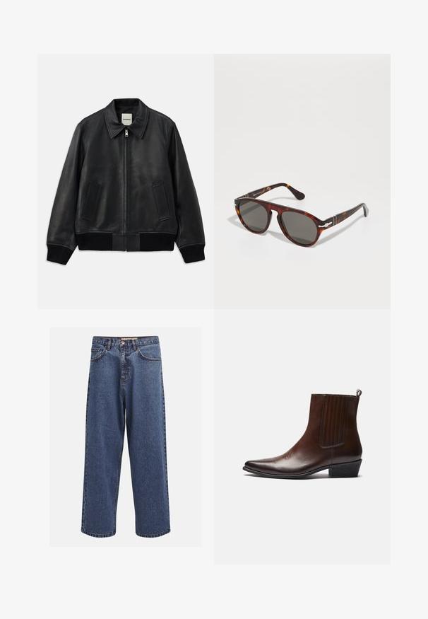 Czarna skórzana kurtka bomberka z kołnierzykiem, z przodu zapinana na zamek i z dwoma bocznymi kieszeniami. Posiada ściągacze przy rękawach i u dołu, co nadaje dopasowany wygląd.; Niebiesko-biała w paski koszula zapinana na guziki z kołnierzykiem, długimi rękawami i małym logo na piersi. Gładki materiał, klasyczny krój.; Szerokie niebieskie dżinsy z efektem sprania, z zipem na guziki, pięcioma kieszeniami i kontrastowymi szwami.; Brązowy skórzany botek za kostkę z wąskim nosem, elastycznymi bocznymi panelami, teksturowanym wykończeniem z przodu oraz niskim, słupkowym obcasem.; Okulary przeciwsłoneczne w melanżowym wzorze z szarymi soczewkami. Gładka plastikowa oprawka, okrągły kształt, metalowe akcenty na zausznikach. Powierzchnia odbijająca światło.
