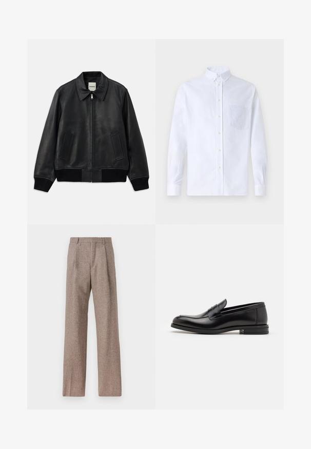 Giacca bomber in pelle nera con colletto, zip frontale e due tasche laterali. Presenta polsini e orlo a costine per un look aderente.; Camicia bianca a maniche lunghe con bottoni, realizzata in cotone, caratterizzata da una tasca sul petto con ricamo tonale, colletto e polsini con bottoni.; Pantaloni marroni a vita alta realizzati in tessuto testurizzato. Presentano gambe ampie e due pieghe frontali per struttura. Rifinitura curata senza hardware visibile.; Mocassini neri in pelle con una texture liscia, punta arrotondata e una striscia decorativa sulla tomaia. Tacco basso impilato, design minimalista.