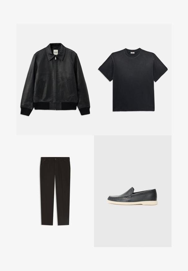Schwarze Leder-Bomberjacke mit Kragen, Frontreißverschluss und zwei seitlichen Taschen. Verfügt über gerippte Bündchen und Saum für eine taillierte Passform.; Schwarzes Baumwoll-T-Shirt mit rundem Ausschnitt und kurzen Ärmeln. Verfügt über eine lockere Passform, eine glatte Textur und ein minimalistisches Design.; Schwarze Hose mit geradem Bein, aus einem glatten Stoff. Mit Knopfverschluss und Fronttaschen. Keine sichtbaren Muster oder Akzente.; Schwarze Leder-Slipper mit strukturiertem Finish und einer kontrastierenden beige Gummisohle. Mit einem dezenten Akzent an der Vorderseite.