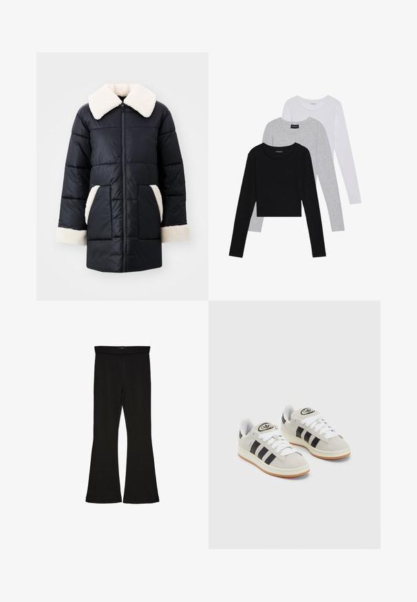 Črn puhovka z mehkimi kremnimi ovratnikom, kremnimi poudarki na žepih in rokavih, z drsnim zadrgo spredaj in prešitim dizajnom.; Tri dolga rokava zložena: črna, siva in bela. Vsaka ima okroglo izreznico in skrajšan dizajn z gladkim, lahkotnim materialom.; Črne flare leggings iz raztegljive tkanine. Imajo širok pas in gladko teksturo, s prilegajočo silhueto, ki se na robu razširi.; Sive športne čevlje iz semiša z belimi vezalkami, črnimi črtami in belim gumijastim podplatom. Imajo okroglo oznako na ježku in podplat iz gume.