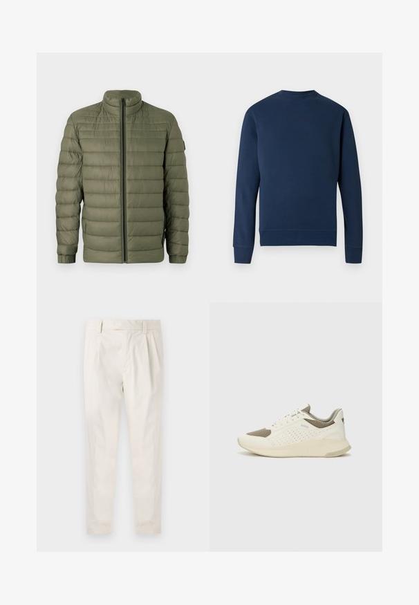 BOSS ODEN - Winter jacket - open green; Navy blue sweatshirt with a round neck, ribbed cuffs, and hem. Features a subtle logo at the chest in a matching color. Smooth fabric texture.; White, pleated trousers with a tailored fit, featuring a smooth texture, belt loops, and tapered legs. No visible pockets or patterns.; White and light beige athletic sneaker, featuring a mesh upper, perforated detailing, and a textured midsole with branding on the heel.