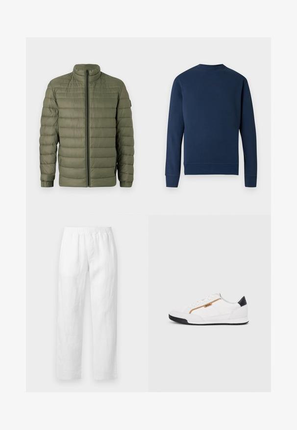 BOSS ODEN - Casaco de inverno - open green; Sweatshirt azul marinho com decote redondo, punhos e bainha canelados. Apresenta um logótipo subtil ao peito na mesma cor. Textura do tecido lisa.; Calças de linho branco com cintura elástica, corte reto e textura suave, sem padrões visíveis ou detalhes de ferragens.; Tênis atléticos brancos com detalhes em malha e couro. Apresenta um logotipo dourado "BOSS", painéis laterais texturizados e um capô de calcanhar preto. Sola em borracha.