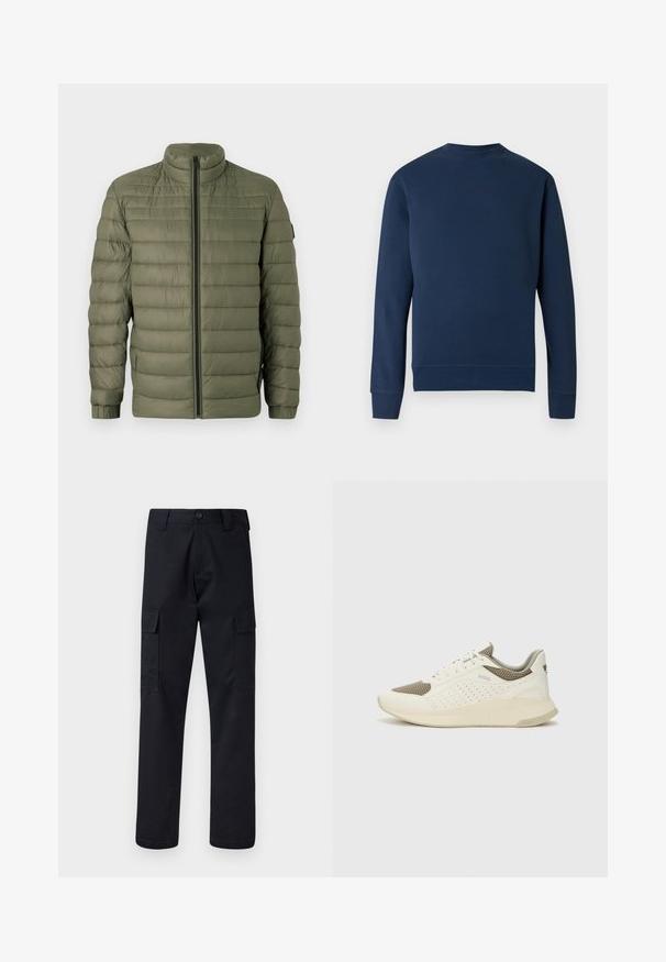 BOSS ODEN - Zimná bunda - open green; Tmavomodrá mikina s okrúhlym výstrihom, žíhanými manžetami a lemom. Na hrudi je jemné logo v rovnakej farbe. Hladká textúra látky.; Čierne cargo nohavice vyrobené z odolnej tkaniny, s rovnými nohavicami, dvoma bočnými vreckami a zapínaním na gombík v páse.; Biele a svetlo béžové športové tenisky s hornou časťou z mriežkového materiálu, perforovanými detailmi a textúrovanou medzipodrážkou s logom na päte.