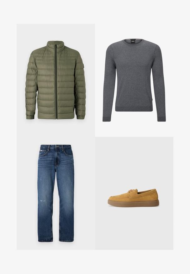 BOSS ODEN - Winter jacket - open green; Grey crew-neck sweater made of soft knit fabric. It features long sleeves, ribbed cuffs and hem, and a small logo tag on the side.; Blue denim jeans with a straight leg design. Features faded areas and light distressing on the front, with a classic button closure.; Brown suede slip-on shoes with a textured finish, round toe, and contrasting rubber sole. Features subtle branding near the heel.