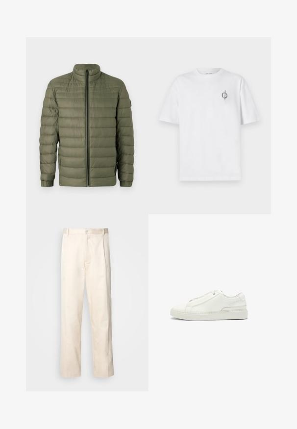 BOSS ODEN zielony; Biała bawełniana koszulka o luźnym kroju, z małym czarnym graficznym logo na lewej piersi. Krótkie rękawy, klasyczny okrągły dekolt.; Beżowe bawełniane spodnie o prostym kroju nogawki, z zapięciem na guziki i plisami z przodu dla dodatkowego zdobienia.; Białe skórzane sneakersy z fakturowaną cholewką, okrągłym czubkiem, minimalistycznym designem i gumową podeszwą z przeszyciami.