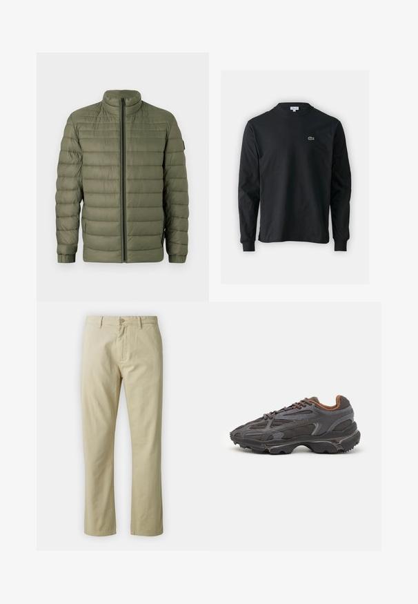BOSS ODEN - Téli dzseki - open green; Fekete hosszú ujjú pamut póló, kerek nyakkivágással, bal mellen egy kis zöld hímzett krokodil logóval.; Beige színű, egyenes lábú pamut nadrág, elöl gombos záródással és övhurkokkal. Simaság jellemzi, látható minták vagy díszítések nélkül.; Sötét szürke Lacoste sportcipők hálós és szintetikus anyagból, textúrázott talppal és barna díszítésekkel a nyak részen és a logón.