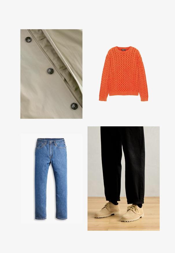 Khaki trench coat with a smooth texture, featuring dark buttons and subtle stitch detailing along the placket and neckline.; Orange knitted sweater featuring a textured cable pattern, round neckline, and ribbed cuffs and hem. Made from soft, warm fabric.; Blue denim jeans with a straight cut, featuring five pockets, a button closure, and orange stitching accents on a clean white background.; Clarks Originals DESERT ROCK LO - Casual lace-ups - maple