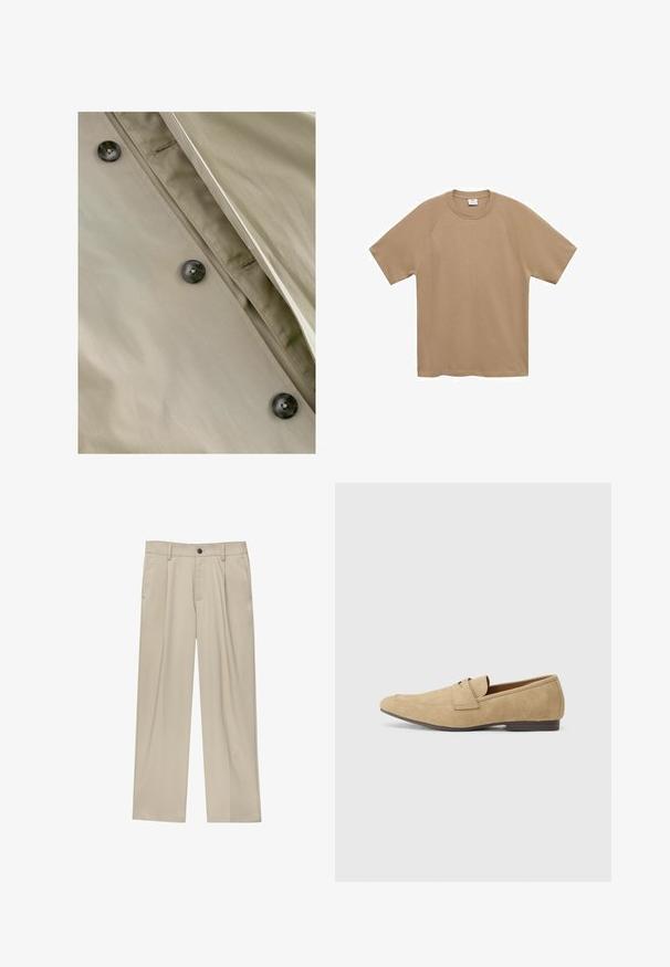 Khaki trenchcoat med en slät yta, med mörka knappar och subtila sömdetaljer längs knäppningen och halslinningen.; Mango T-shirt - bas - beige; Beiga byxor med rak passform, utrustade med en enda svart knapp, bältesöglor och sidofickor. Slät tygkänsla och minimalistisk design.; Beiga mockasiner i mocka med en lätt glans, med rund tå, snörningsfri design och en låg brun klack. Diskret sömnadsdetalj.