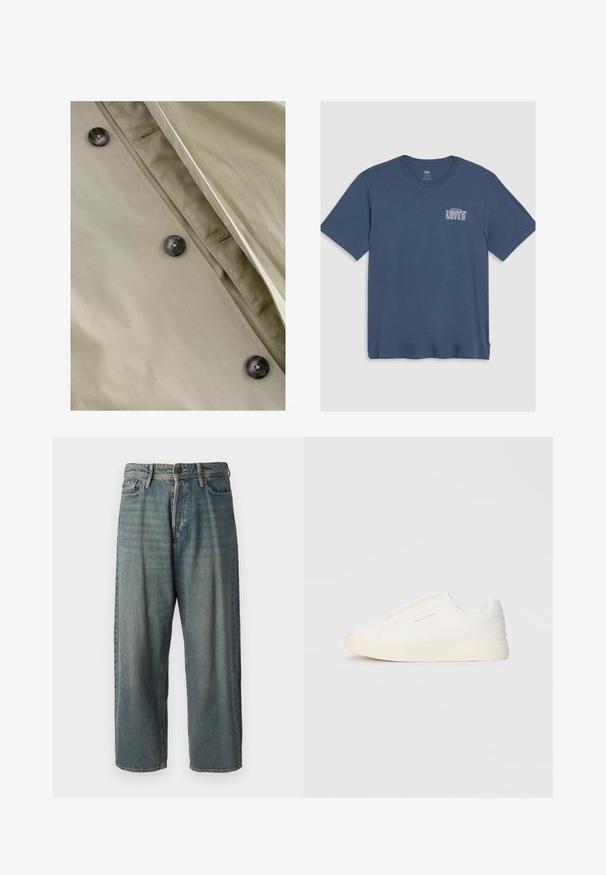 Kaki trencs kotse ar gludu tekstūru, ar tumšām pogām un smalkām šuvēm gar aizdari un apkakli.; Zila kokvilnas T-kreklu ar apaļu kaklu un īsām piedurknēm. Baltā "Levi's" logo ir izdrukāts kreisajā krūšu daļā. Vienkāršs dizains.; Gaiši zili džinsi ar brīvu piegriezumu, vidējo jostas augstumu un taisnām kājām. Satur piecas kabatas, jostas cilpas un pogu aizdari.; Baltas slip-on sporta apavi ar teksturētu virsmu, biezu zoli un minimālistisku dizainu. Sānos redzams zīmola logotips.