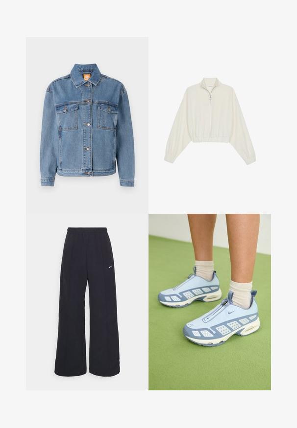 Sininen farkkutakki, jossa on klassinen kaulus, napit edessä, kaksi rintataskua läpillä ja hienovaraisia ompeluyksityiskohtia.; Lyhyt kerrosvaate vaaleasta kankaasta, jossa on korkea kaulus, puolivetoketjukiinnitys, joustavat helma ja hihansuut, tasainen pinta ja minimalistinen muotoilu.; Mustat leveät housut, joissa on joustava vyötärönauha ja pieni valkoinen Nike-logo. Kangas on sileä, suunniteltu mukavuutta ja rentoa käyttöä varten.; Vaaleansiniset urheilukengät valkoisilla yksityiskohdilla, tekstuuripaneeleilla ja vetoketjukiinnityksellä. Varustettu näkyvällä ilmatyynykannan ja kumipohjan.