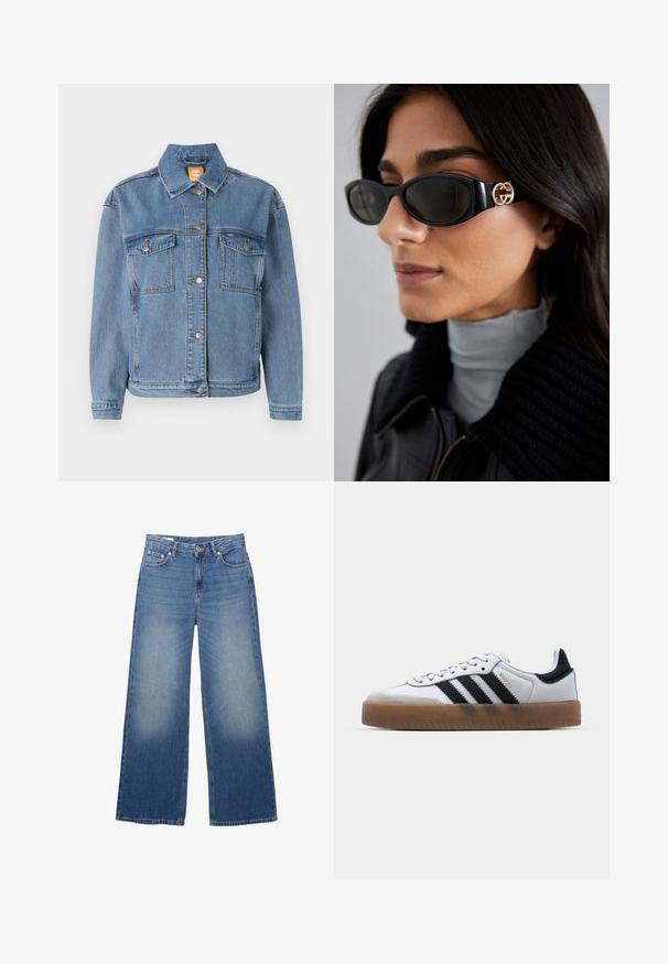 Plava traper jakna s klasičnom kragnom, kopčanjem sprijeda, dva džepa na prsima s preklopima i suptilnim detaljima šivanja.; Bijela košulja s dugim rukavima, ovratnikom, dugmadi sprijeda, dva džepa na prsima, ravnim rubom i lagano proširenim rukavima, izrađena od glatkog materijala.; Široke, svijetloplave traperice s izblijedjelim izgledom, pet džepova i dugmetom za zatvaranje u struku. Pamuk, ravni kroj.; Bijele kožne tenisice s crnim prugama, gumenim potplatom, okruglim vrhom, vezivanjem i mekanim sivim nubuk vrhom.; Crne sunčane naočale sa elegantnim pravokutnim okvirom i zlatnim logotipom na strani. Tamna stakla i sjajni finiš su istaknuti.; Crna kvačasta torba s zlatnim lancem, s karakterističnim zlatnim kopčanjem i malom oznakom, koja prikazuje teksturiranu kožnu površinu.