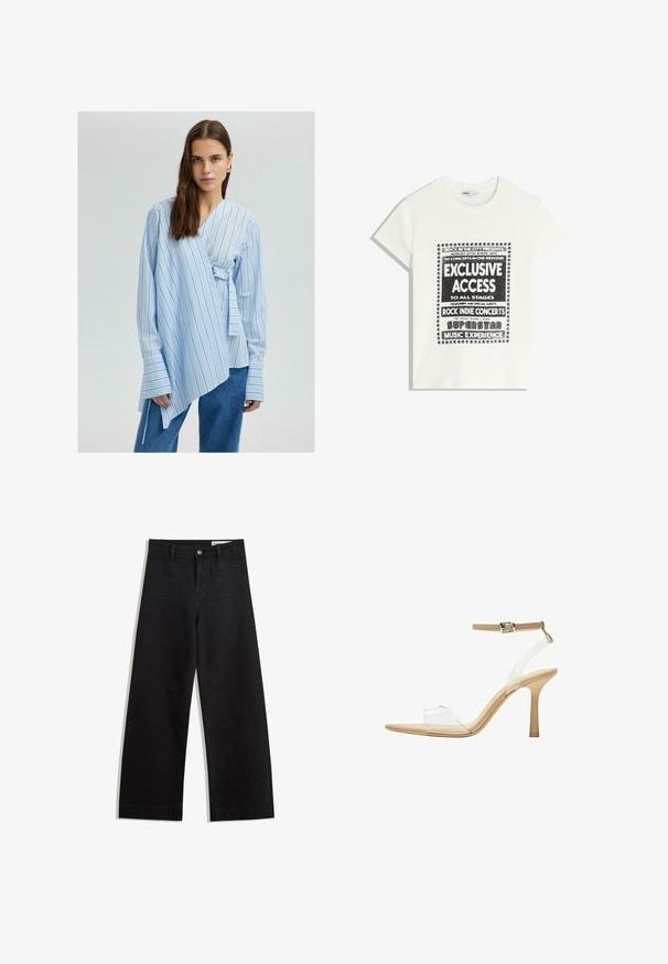Light blue wrap shirt with vertical white stripes, long sleeves, and wide cuffs. Features a side tie detail for adjustable fit.; White t-shirt with black text promoting a music event, featuring "Exclusive Access," "Rock Indie Concerts," and "Superstar Music Experience."; Black wide-leg denim pants with a high waist, featuring front and back pockets, stitched seams, and a button closure. Smooth texture.; Clear heeled sandal with a transparent upper, beige footbed, and a slender ankle strap. Features a pointed toe and a thin high heel.