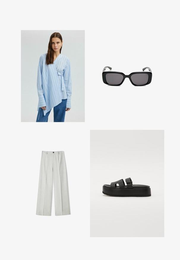 Camicia avvolgente azzurro chiaro con righe verticali bianche, maniche lunghe e polsini larghi. Presenta un dettaglio con laccio laterale per una vestibilità regolabile.; T-shirt bianco realizzato in un tessuto morbido e leggero. Presenta un collo rotondo e maniche corte e larghe con vestibilità morbida. Nessun motivo visibile.; Pantaloni ampi grigi chiari realizzati in un tessuto testurizzato, dotati di una chiusura con bottone e due pieghe frontali per maggior dettaglio.; Sandali platform neri con due fasce larghe, realizzati in materiale liscio. Presentano una suola spessa con un fondo testurizzato per una migliore aderenza.; Occhiali da sole neri rettangolari con lenti scure, montatura in plastica liscia e tempie curve. Il design è voluminoso con un'estetica minimalista.