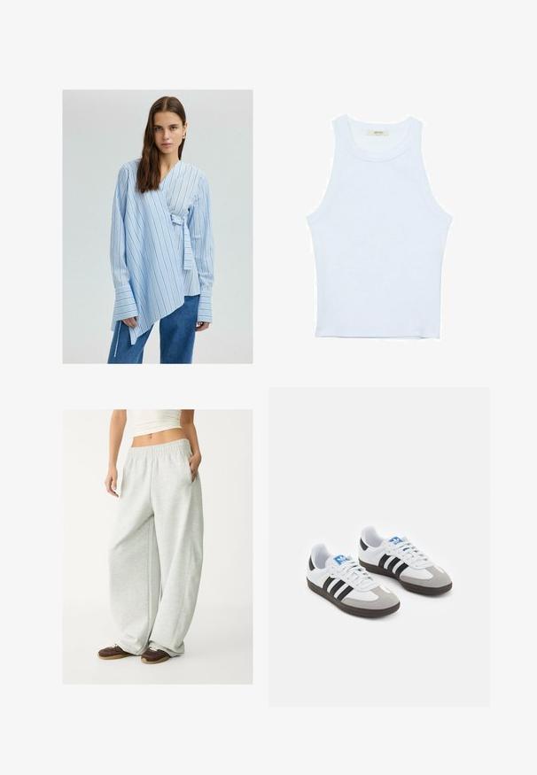 Světlomodrá zavinovací košile s vertikálními bílými pruhy, dlouhými rukávy a širokými manžetami. Obsahuje detail postranního zavázání pro nastavitelné přizpůsobení.; Bílý top bez rukávů, žebrovaná textura, kulatý výstřih, obtáhnutý střih, decentní značka na štítku uvnitř oblasti límce.; Světle šedé tepláky s elastickým pasem, bočními kapsami a volným střihem. Vyrobeny z měkké, texturované tkaniny; mají decentní švy.; Sportovní boty s bílým koženým svrškem, šedou semišovou špičkou a třemi černými pruhy. Obsahují modré logo na jazyku a texturovanou gumovou podrážku.