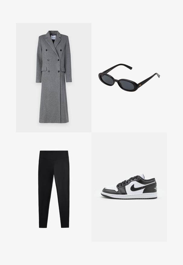 Grijze wollen jas met een dubbel-gebreide ontwerp, met rever, drie knopen en twee zijzakken. Beschikt over een lange, getailleerde silhouette.; Bruine geribde gebreide cape met een hoge kraag en een vloeiende silhouet, ontworpen zonder sluitingen, met een gestructureerd oppervlak.; Zwarte leggings van gladde, rekbare stof. Voorzien van een brede tailleband en een taps toelopend pootdesign, geschikt voor actieve of casual kleding.; Zwart-witte Nike lage sneakers hebben een glad leren bovenwerk, een ronde neus, vetersluiting en een gestippelde rubberen zool.; Zwarte oversized zonnebril met ovale lenzen, een glad plastic montuur en gouden accenten op de pootjes. Donkere lenzen bieden bescherming tegen de zon.