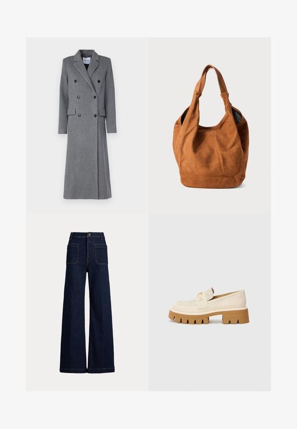 Šedý vlněný kabát s dvojitým zapínáním, klopami, třemi knoflíky a dvěma bočními kapsami. Umožňuje dlouhý, dobře střižený siluetu.; Krátký rukáv, pruhované tričko ve krémové a námořnické barvě, s kulatým výstřihem a širokým střihem z texturovaného materiálu.; Široké tmavě modré džíny s vysokým pasem, designem se pěti kapsami a kontrastním šitím. Disponují zapínáním na knoflík a mají strukturovaný tvar.; Béžové mokasíny s texturovaným smetanovým páskem, které mají robustní hnědou podrážku s vzory připomínajícími zuby. Zlatý detail na sponě.; Hnědá semišová kabelka přes rameno s jemnou texturou, zakřiveným tvarem a dvěma držadly. Má minimalistický design bez viditelného kování nebo akcentů.