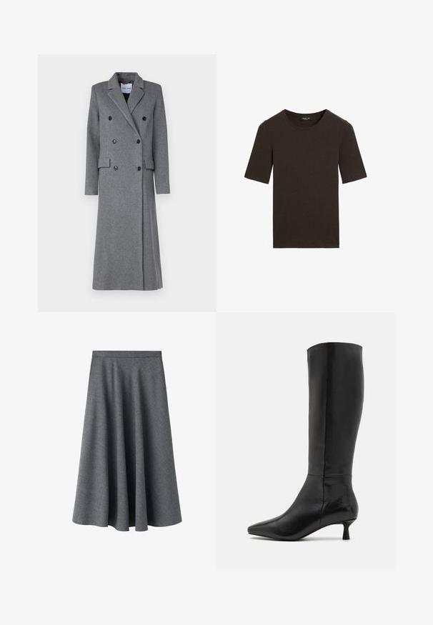 Grå uldfrakke med dobbeltbrystet design, spidse lapeller, tre knapper og to sidelommer. Har en lang, skræddersyet silhuet.; Mørkebrun kortærmet t-shirt med rund hals, enkel design med ribbet krave, mærket Massimo Dutti ved kraven.; Grå A-line midi nederdel lavet af tekstureret uldblandingsstof. Har en høj talje og en flydende, svajende silhuet.; Zign Høje støvler/ Støvler - black