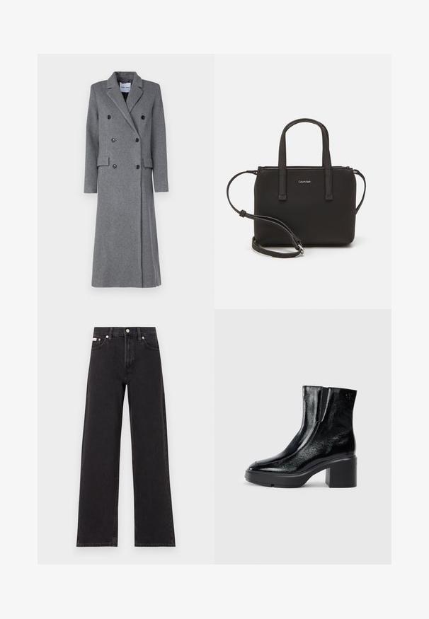 Hallide hall coat kahekordse nööbistamisega, sakiliste kraedega, kolme nööbiga ja kahe küljetaskuga. Omab pikka, kohandatud siluetti.; Must musta t-särk lühikeste käistega, ümberringi kaelusega ja väikese valge "Calvin Klein" logo'ga rinnal. Sile tekstuur, klassikaline lõige.; Mustad laiad mustad teksad, millel on kõrge vöökoht, viie tasku stiil ja metallist nööpkinnitus kontrastsete õmblustega.; Mustmustest must paeltega särkide, millel on kõver varvas, elastsed külgpaneelid ja jäme plokkpealse. Tagaküljel on reljeefne logo.; Musthave mustrans vöö ja eemaldatav õlarihm. Gludike nahk siledaga, millel on tõmblukk ja logo detail.