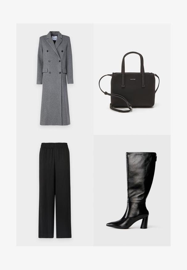 Grijze wollen jas met een dubbel-gebreide ontwerp, met rever, drie knopen en twee zijzakken. Beschikt over een lange, getailleerde silhouette.; Witte longsleeve shirt van ribstof, met een ronde halslijn en een getailleerde vorm. Er zijn geen patronen of accenten aanwezig.; Zwarte wijde broek met een elastische tailleband, gemaakt van een soepele, lichte stof. Heeft een rechte snit en geen zichtbare patronen.; Zwart leren laars tot de knie met een puntige neus, gladde textuur en een chunky hak. Bevat een ritsdetail aan de achterkant.; Zwarte handtas met dubbele korte handvatten en een afneembare schouderriem. Glad, leerachtig materiaal met een ritssluiting en logo-detail.