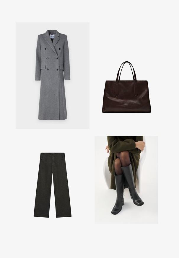 Grå uldfrakke med dobbeltbrystet design, spidse lapeller, tre knapper og to sidelommer. Har en lang, skræddersyet silhuet.; Mørkebrun kortærmet t-shirt lavet af bomuld. Har en rund halsudskæring og en afslappet pasform, uden synlige mønstre eller detaljer.; Videbenede sorte denim bukser med en mid-rise talje, to forlommer og et rent, minimalistisk design uden synlige dekorationer.; Knæhøje sorte læder støvler med firkantet tå og blokhæl, vist med en model siddende i en olivengrøn frakke. Glat tekstur, minimal detaljer.; Massimo Dutti Håndtasker - brown
