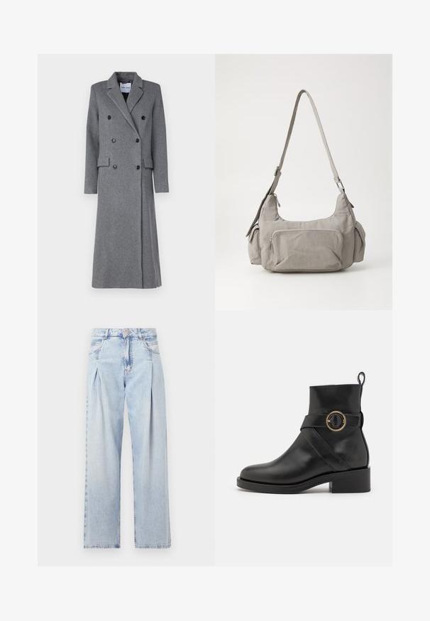 Grauer Wollmantel mit doppelter Knopfleiste, Reverskragen, drei Knöpfen und zwei seitlichen Taschen. Mit einer langen, taillierten Silhouette.; Schwarzes T-Shirt mit kurzen Ärmeln aus weicher Baumwolle, mit rundem Ausschnitt, lockerer Passform und glatter Textur. Keine sichtbaren Muster oder Grafiken.; Helle blaue Denim-Jeans mit hoher Taille, weitem Beinschnitt, zwei seitlichen Taschen und gefaltetem Design. Weiche Textur mit einem ausgebleichten Finish.; BOSS IRYNA BOOTIE - Plateaustiefelette - black; Graue Stoff-Umhängetasche mit zwei Seitentaschen, einer frontalen Reißverschlusstasche und einem breiten, verstellbaren Tragegurt. Einfaches, funktionales Design.