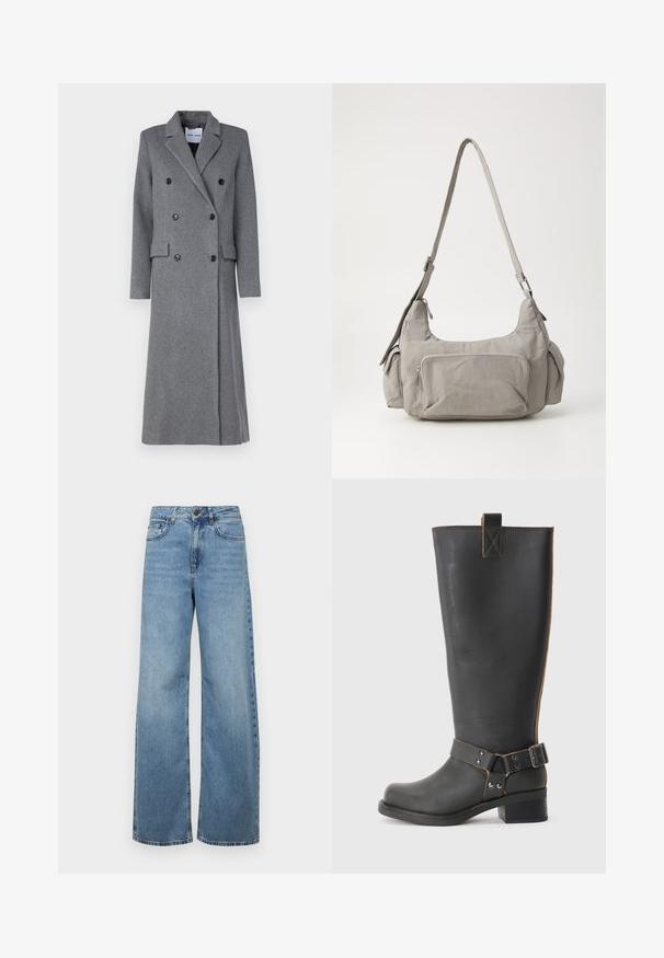 Manteau en laine gris avec un design à double boutonnage, des revers crantés, trois boutons et deux poches latérales. Présente une silhouette longue et ajustée.; T-shirt noir à manches courtes en coton doux, avec un col rond, une coupe décontractée et une texture lisse. Pas de motifs ni de graphiques visibles.; Jean large bleu clair en denim, avec une taille haute, des poches avant, et un design classique à cinq poches, avec un léger délavage.; Bottes noires en cuir, montantes jusqu'au genou, avec une finition texturée, présentant une boucle sur le côté et un talon bas. Couture détaillée le long des coutures.; Sacoche en tissu gris avec deux poches latérales, une poche avant zippée et une large bandoulière réglable. Design simple et fonctionnel.