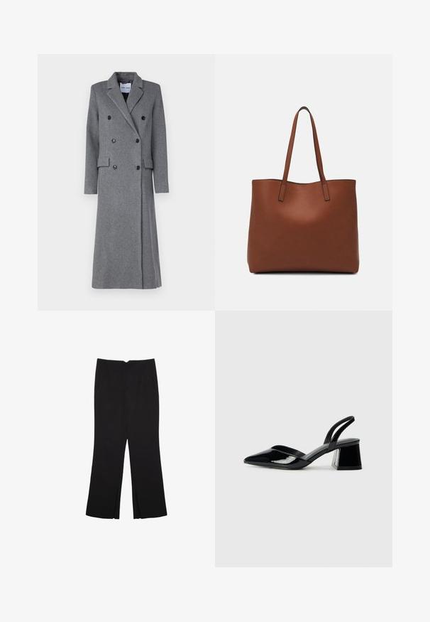 Grå uldfrakke med dobbeltbrystet design, spidse lapeller, tre knapper og to sidelommer. Har en lang, skræddersyet silhuet.; Sort kortærmet crop-top med rund halsudskæring og enkel design lagt fladt på hvid baggrund.; Sorte bukser med lige pasform, der har frontlommer og slidser i kanten. Lavet af blødt, glat stof. Velegnet til forskellige anledninger.; Sorte patentlæder slingback hæle med spids tå og en geometrisk blok hæl. Har et elegant, minimalistisk design og en glat tekstur.; Brun læder tote taske med en glat overflade, åben topdesign og to skulderremme. Har minimal syning og ingen synlig hardware.; Brun tårnpendant på en tynd sølvsnor, med et rundt, mønstret accentstykke over pendanten. Glat tekstur, minimalistisk design.