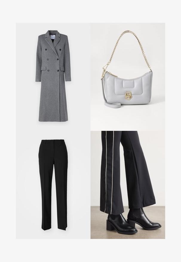 Abrigo de lana gris con un diseño de doble botonadura, con solapas muescadas, tres botones y dos bolsillos laterales. Presenta una silueta larga y entallada.; Camiseta blanca recortada, con mangas cortas y anchas, material de algodón suave, cuello redondo con un sutil ribete naranja, diseño minimalista, sin patrones ni gráficos.; Pantalones negros ajustados con un diseño de pierna recta, que presentan una textura suave y pliegues nítidos en el frente. Sin herrajes visibles.; Botines de cuero negro con tacón cuadrado, con paneles laterales elásticos. Combinados con pantalones negros que tienen una franja blanca lateral.; Bolso de cuero gris con una textura suave, correa de hombro de cadena dorada y un acento de logo dorado en la parte frontal. Cierre con cremallera en la parte superior.
