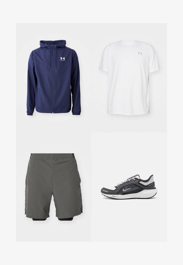 Granatowa, lekka kurtka z zamkiem z przodu, regulowanym kapturem, elastycznymi mankietami i białym logo na klatce piersiowej. Gładki, teksturowany materiał.; Biała, krótko rękawowa koszulka sportowa wykonana z gładkiego materiału. Posiada okrągły dekolt oraz szare logo po lewej stronie klatki piersiowej, z bocznymi rozcięciami u dołu.; Grafitowe szorty sportowe z gładkiego, lekkiego materiału i elastycznym paskiem w talii, z wewnętrznymi szortami kompresyjnymi i bocznymi kieszeniami.; Czarne i szare buty sportowe z siateczkową cholewką, odblaskowymi akcentami i białą podeszwą środkową. Posiadają teksturowaną gumową podeszwę i sznurowadła.